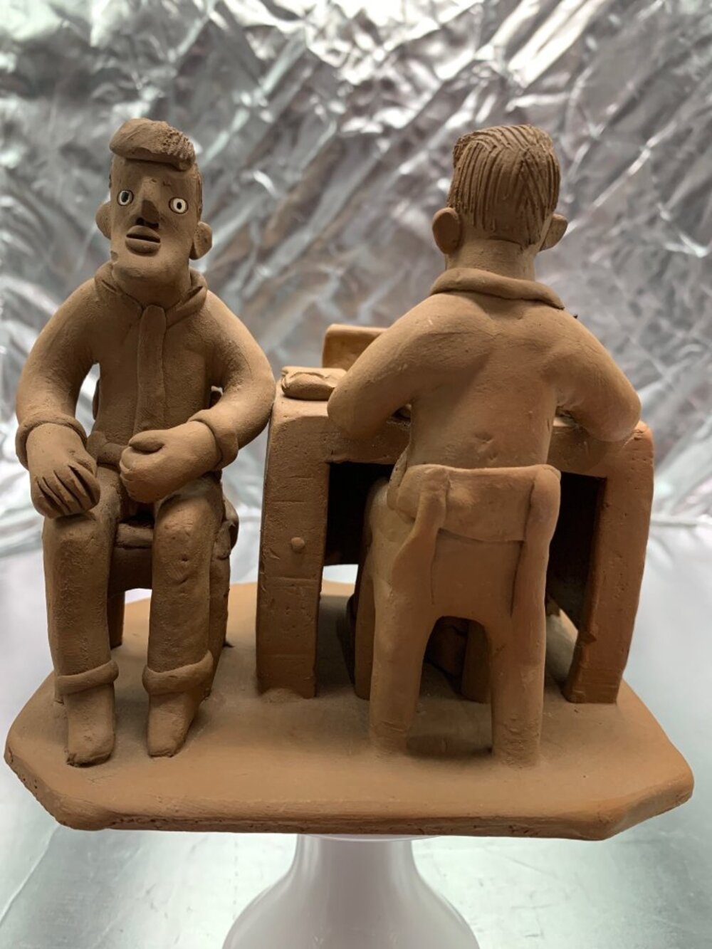 Brazilian Pottery Clay Sculpture Of Lawyer & Client At Desk - Handmade Artisan